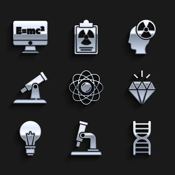 Nastavit Atom, Mikroskop, symbol DNA, Diamant, žárovka s konceptem myšlenky, dalekohled, hlava a záření a rovnice řešení ikony. Vektor — Stockový vektor