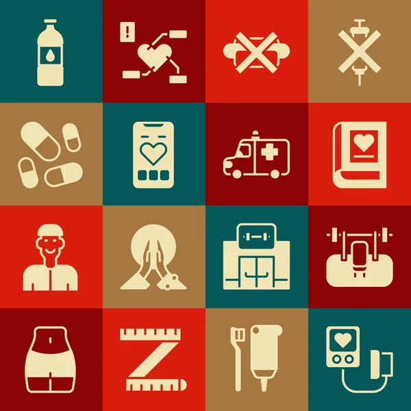 혈압을 설정, 혈압 , barbel, Medical book, No junk food, Mobile heart rate, Vitamin pill, Bottle of water and Ambulance, emergency car icon. Vector — 스톡 벡터