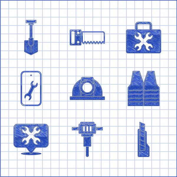 Set Casco de seguridad de trabajador, Martillo neumático de construcción, Cuchillo de papelería, Chaleco de seguridad, Ubicación con llave inglesa, Servicio móvil, Caja de herramientas e icono de pala. Vector — Vector de stock