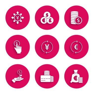 Yen, kredi kartı, euro sembolü, dolar fabrikası, el ele tutuşan para, dolar ve ikon ile para ayarlayın. Vektör