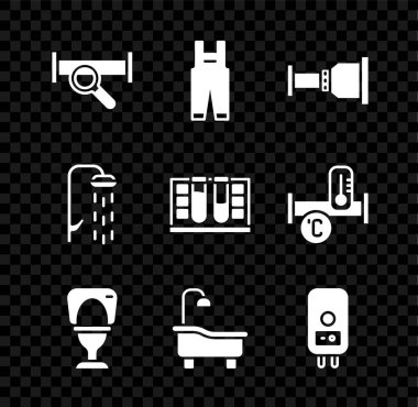 Endüstri metalik boruları, iş tulumları, boru adaptörü, klozet, küvet, elektrikli kazan, duş ve su damlası ikonlu test tüpü. Vektör