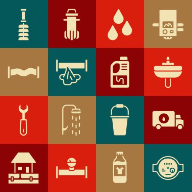 Su sayacı, tesisat servisi arabası, lavabo, damla, kırık boru, endüstriyel metalik, tuvalet fırçası ve lavabo açıcı şişe ikonu. Vektör