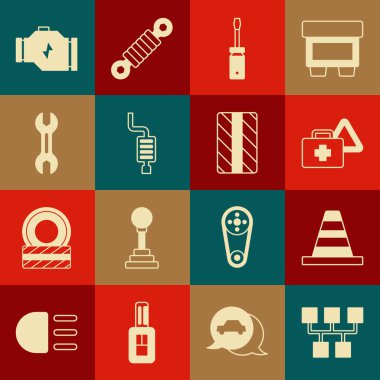 Vites değiştirici, trafik konisi, ilk yardım çantası ve uyarı üçgeni, tornavida, araba susturucusu, anahtarlık, motor ve tekerlek simgesini kontrol et. Vektör