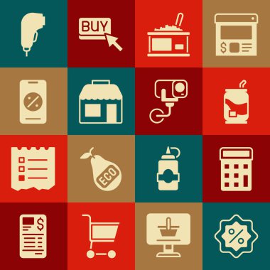 İndirimli yüzde etiketi, hesap makinesi, soda kutusu, havyarlı teneke kutu, market, indirimli ve mobil, tarayıcı tarama barkodu ve güvenlik kamerası simgesi ayarla. Vektör