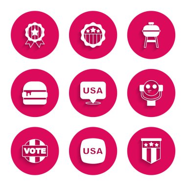 ABD Bağımsızlık Günü, Amerikan bayrağı, turist dürbünü, oy, burger, barbekü ızgarası ve yıldız ikonlu madalya ayarla. Vektör