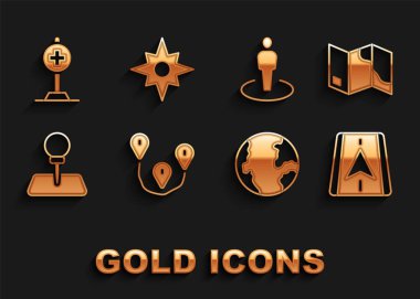 Yol konumu, katlanmış harita, şehir navigasyonu, dünya küresi, pimi, kişinin bulunduğu konum, hastane çapraz konumu ve Rüzgar gülü simgesi. Vektör