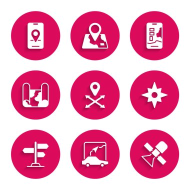 Konum, Şehir Haritası navigasyonu, Uydu, Rüzgar Gülü, Yol Trafik İşareti, Katlanmış ve simge. Vektör