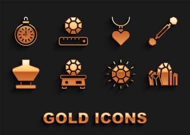 Mücevher taşı, piercing, elmas, kolye mankeni, kalp şeklinde kolye, cep saati ve ikonu. Vektör