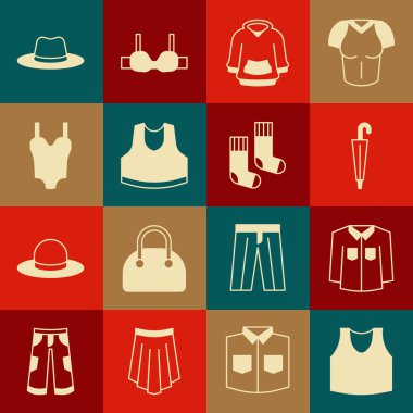 Set Undershirt, Shirt, Şemsiye, Kapüşonlu, Mayo, Erkek Şapkası ve Çorap ikonu. Vektör