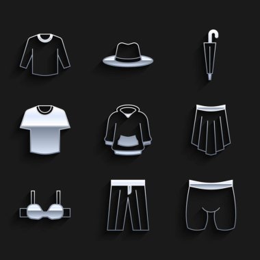 Kapüşon, pantolon, bisiklet şortu, etek, sütyen, tişört, şemsiye ve süveter ikonu. Vektör