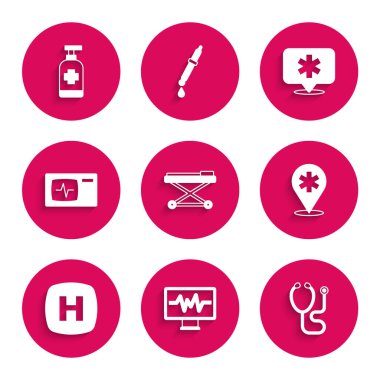 Sedye, kardiyogram, stetoskop, konum hastanesi, hastane tabelası ve antibakteriyel sabun ikonu hazırlayın. Vektör