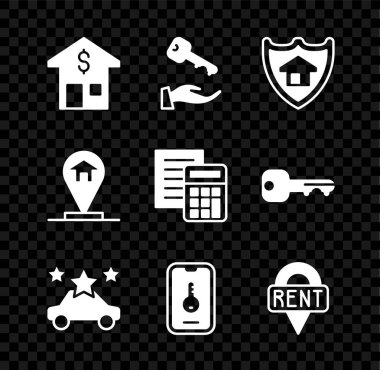 House 'u dolar, anahtar, kalkan, araba paylaşımı, online emlak, konum, ev ve hesap makinesi ikonu ile ayarla. Vektör