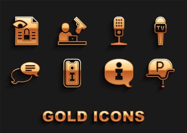 Set Information, Mikrofon, Savaş muhabiri, Konuşma balonu sohbeti, Gazetecilik soruşturması ve Suç haber ikonu. Vektör