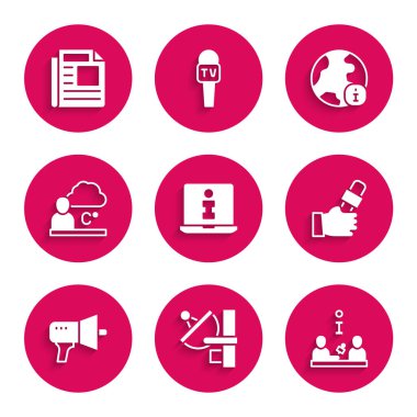 Set Bilgileri, Radar, Röportaj, Gazeteci Haberleri, Megafon, Hava Durumu, Dünya ve Haber ikonu. Vektör