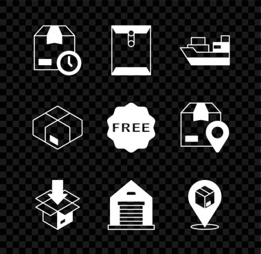 Karton kutuyu saat, zarf, kargo kutusu teslimatı, karton karton karton, depo, konum ve pirinç etiketli bedava simge ile ayarla. Vektör