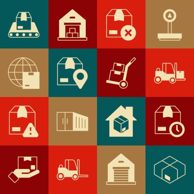 Karton karton kutu, saatli mukavva, forklift kamyonu, konum, dünya çapında nakliye, taşıma bandı ve el ve kutu simgesi. Vektör