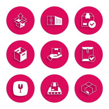 Teslimat elini kutu, taşıyıcı bant, karton karton, zarf kontrol işareti, kırılgan cam, aksesuar ve boks simgesi ile ayarla. Vektör