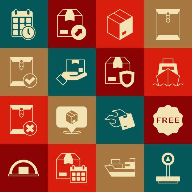 Ölçek, pirinç etiketi, kargo kutusu teslimatı, karton karton, teslimat el, zarf kontrol işareti, karton takvim ve güvenlik kalkanı simgesi. Vektör