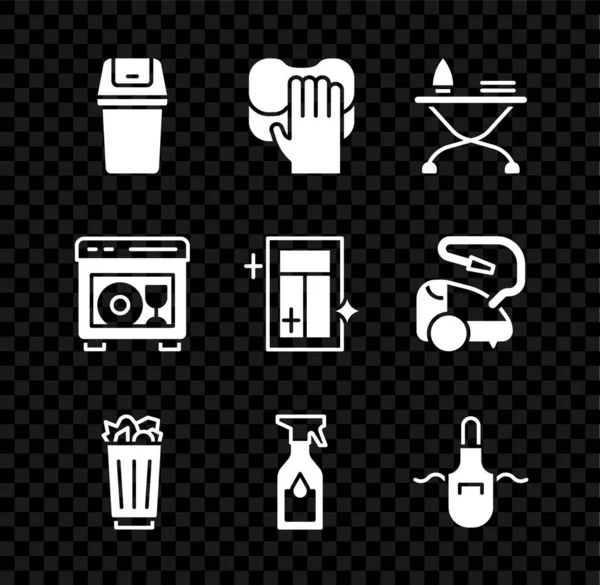 Set Trash can, Cleaning service, Iron and ironing board, Full trash, spray bottle, Kitchen apron, Dishwasher Machine, and for window icon. Vector — 스톡 벡터