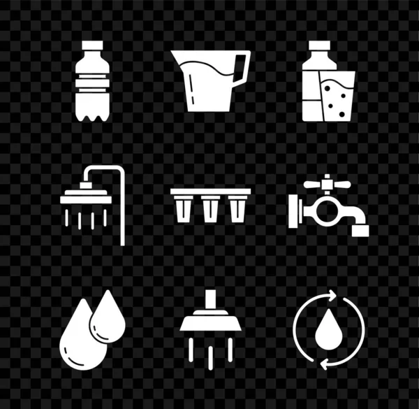 设置水壶，水杯，水滴，淋浴器，循环清洁水壶，过滤图标。B.病媒 — 图库矢量图片
