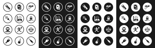 Set Pistol or gun, Suspect criminal, syringe, Police electric shocker, Lock pickks for lock picking, Playing cards, Scales of justice and Thief mask icon. Вектор — стоковый вектор