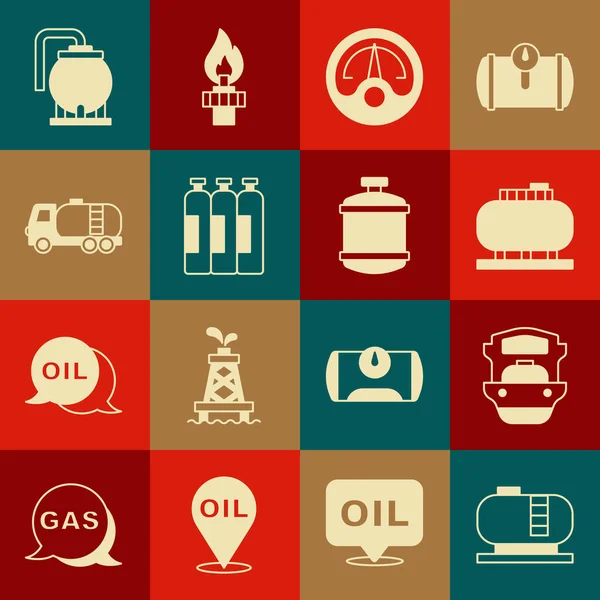 Set Oil tank storage, tanker ship, Motor gas gauge, Industrial cylinder, Tanker truck, and Propane icon. Vector — Stock Vector