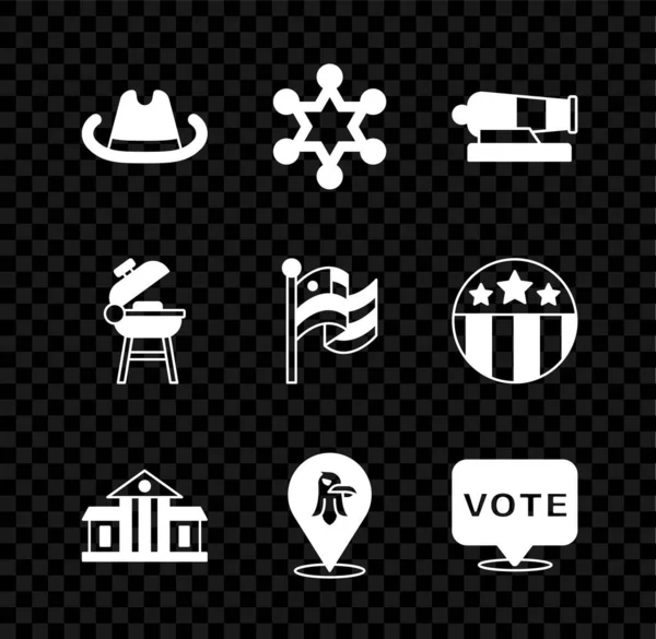 Set sombrero vaquero occidental, Hexagram sheriff, Cañón, Casa Blanca, Águila, Voto, Barbacoa parrilla y bandera americana icono. Vector — Archivo Imágenes Vectoriales