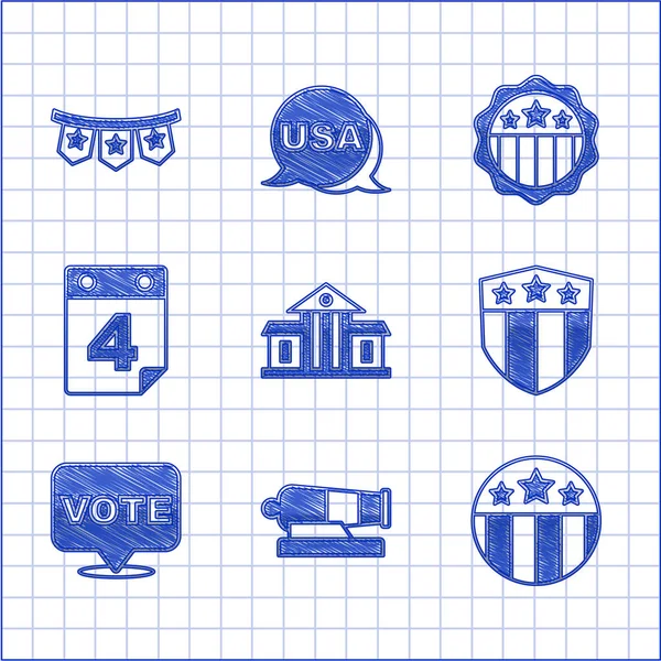 Set Maison Blanche, Canon, Médaille avec étoile, Étoiles du Bouclier, Votez, Date du calendrier 4 juillet, USA Independence day and Carnival garland flags icon. Vecteur — Image vectorielle