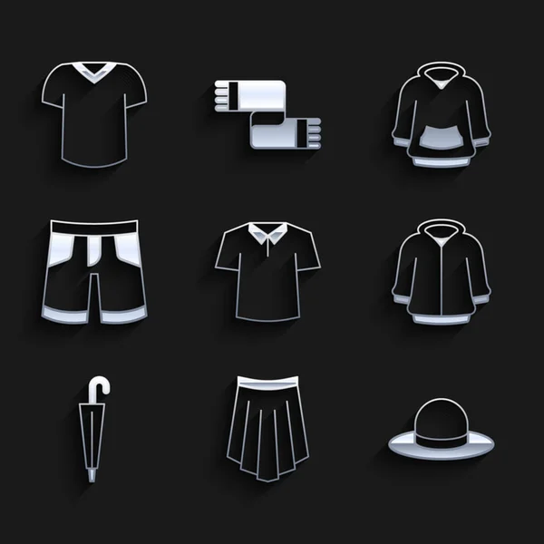 Set Shirt, saia, chapéu de homem, capuz, guarda-chuva, curto ou calças, e ícone de t-shirt. Vetor —  Vetores de Stock