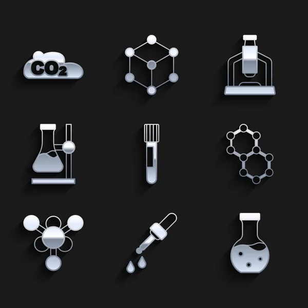 Ustaw probówkę, pipetę, cząsteczkę, kolbę na podstawce, mikroskop i emisję CO2 w ikonie chmury. Wektor — Wektor stockowy
