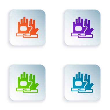 Beyaz arkaplanda renk eldivenleri simgesi izole edildi. Olağanüstü bir spor. Spor malzemeleri. Kare düğmelere renkli simgeleri yerleştir. Vektör