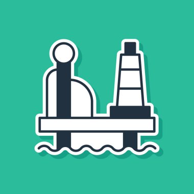 Deniz ikonundaki Mavi Yağ platformu yeşil arka planda izole edilmiş. Denizde sondaj kulesi. Petrol platformu, doğalgaz, deniz aşırı sanayi. Vektör