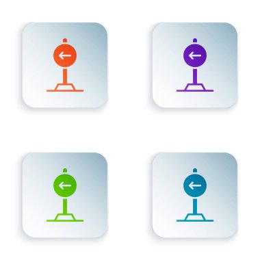 Beyaz arkaplanda izole edilmiş renkli trafik işareti sola dönüş dikkat simgesi. Trafik kuralları ve güvenli sürüş. Kare düğmelere renkli simgeleri yerleştir. Vektör