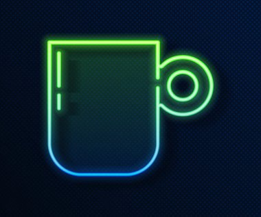 Parlayan neon hattı kahve fincanı ikonu mavi arka planda izole edilmiş. Çay fincanı. Sıcak içecek kahvesi. Vektör