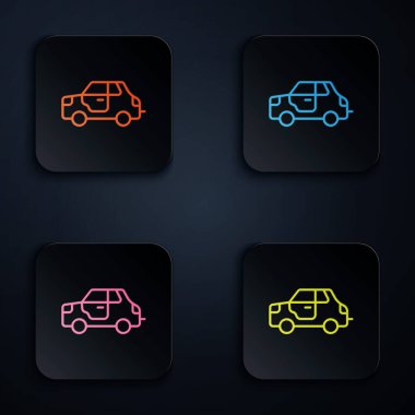 Siyah arkaplanda renkli neon çizgisi simgesi izole edildi. Kare düğmelere simgeleri yerleştir. Vektör