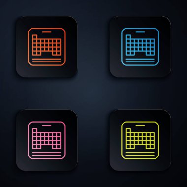 Siyah arkaplanda izole edilmiş element simgesinin renkli neon çizgisi periyodik tablosu. Kare düğmelere simgeleri yerleştir. Vektör