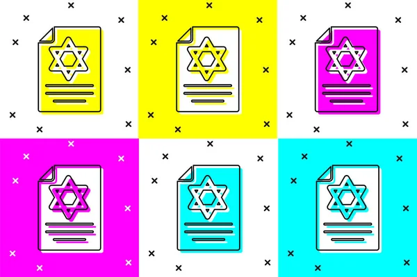 Set Torah scroll icon isolated on color background. Jewish Torah in expanded form. Star of David symbol. Old parchment scroll. Vector — Stock Vector