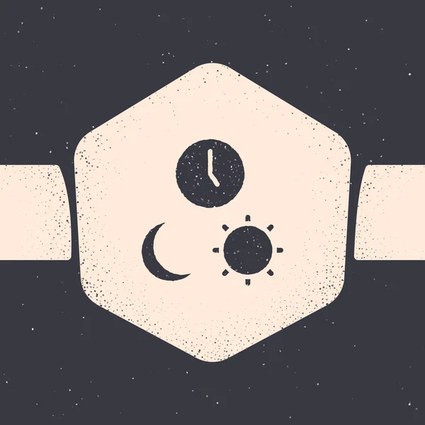 Grunge Dia e noite com ícone de tempo isolado em fundo cinza. Desenho vintage monocromático. Vetor —  Vetores de Stock