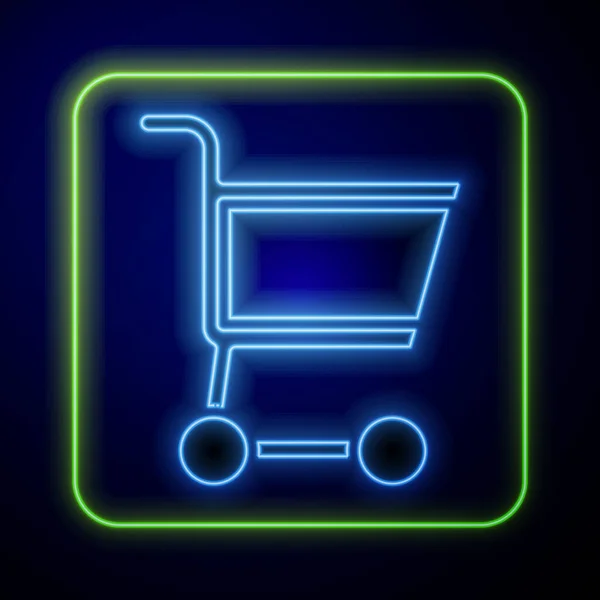 Brillante icono del carrito de compras de neón aislado sobre fondo azul. Concepto de compra en línea. Señal de entrega. Símbolo de cesta de supermercado. Vector — Archivo Imágenes Vectoriales
