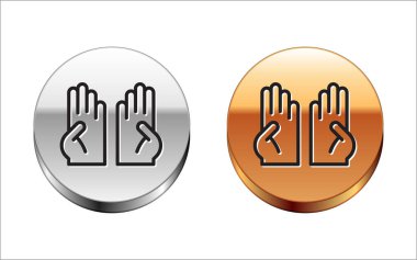 Siyah çizgili lastik eldiven ikonu beyaz arkaplanda izole edilmiş. Lateks el koruması işareti. Ev işi temizlik ekipmanları sembolü. Gümüş-altın halka düğmesi. Vektör