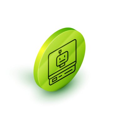 İzometrik çizgi robot simgesi beyaz arkaplanda izole edildi. Yapay zeka, makine öğrenme, bulut hesaplama. Yeşil daire düğmesi. Vektör