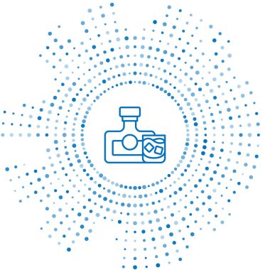 Mavi çizgi viski şişesi ve beyaz arka planda izole edilmiş cam ikon. Soyut çember rastgele noktalar. Vektör