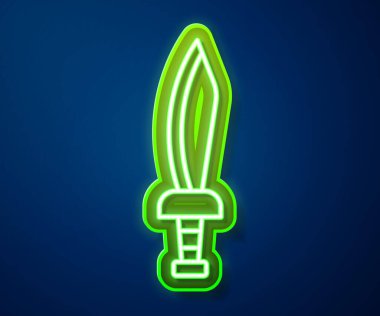 Parlayan neon hattı Korsan kılıcı simgesi mavi arkaplanda izole edildi. Kılıç işareti. Vektör