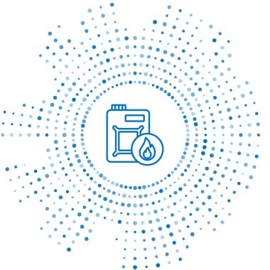 Beyaz arka planda izole edilmiş motor makine yağı ikonu için mavi çizgi kutusu. Benzin bidonu. Yağ değiştirme ve onarım servisi. Motor yağı işareti. Soyut çember rastgele noktalar. Vektör