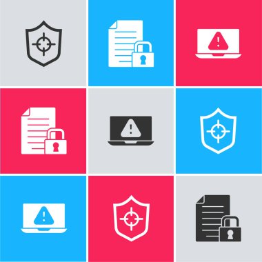 Kalkan, Belge ve kilitlenme ve dizüstü bilgisayarı ünlem simgesiyle ayarla. Vektör