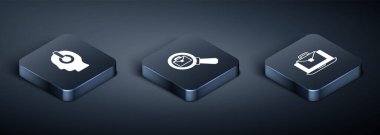 Isometric Freelancer 'ı ayarlayın. Çevrimiçi çalışan ve evrak çantası ikonlu büyüteç. Vektör
