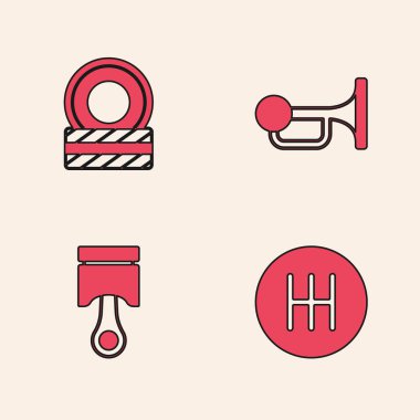 Vites değiştirici, araba tekerleği, işaret kornasını araca ve motor piston simgesine ayarlayın. Vektör