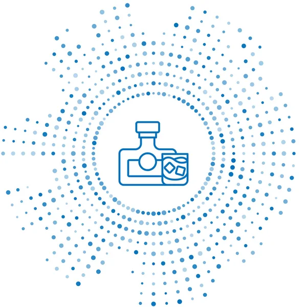 Mavi çizgi viski şişesi ve beyaz arka planda izole edilmiş cam ikon. Soyut çember rastgele noktalar. Vektör