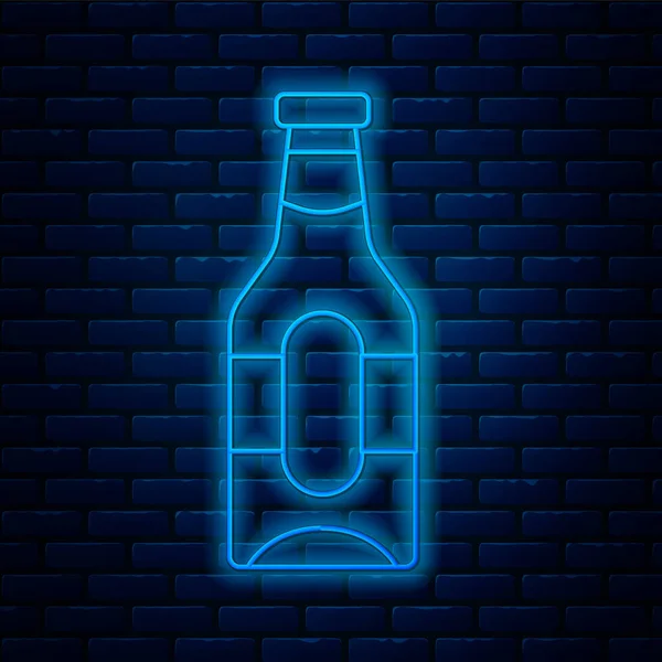 Glowing neon line Beer bottle icon isolated on brick wall background. Vector — Stock Vector