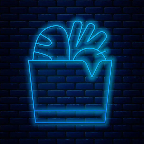 Glowing neon line Paper shopping bag and food icon isolated on brick wall background. Food store, supermarket. Vector — Stock Vector
